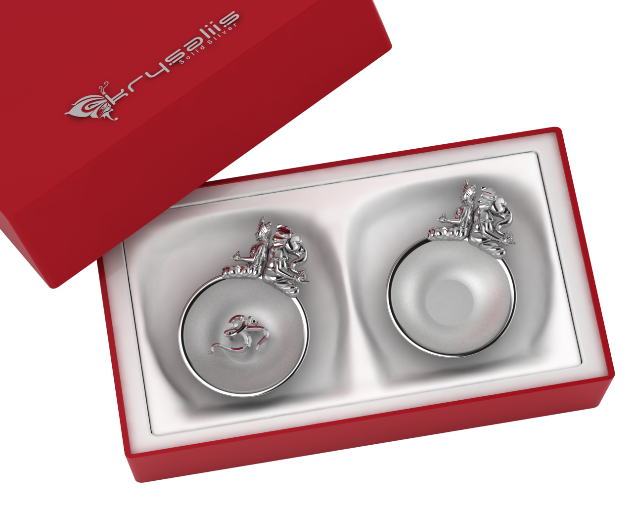 Sterling Silver Ganesh Laxmi Om Round Diya & Agarbatti Holder Set By Isvara