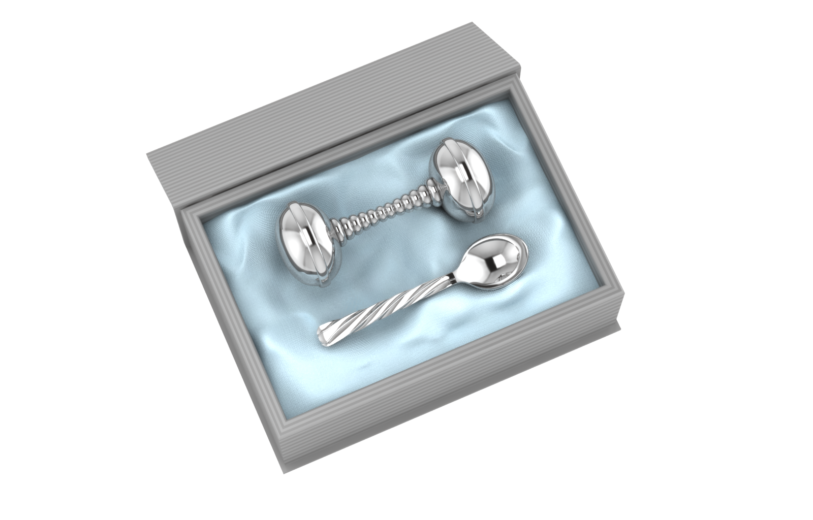 Silver Plated Gift Set For Baby - Hamper With Twisted Dumbbell Rattle And Spoon Blue Hampers