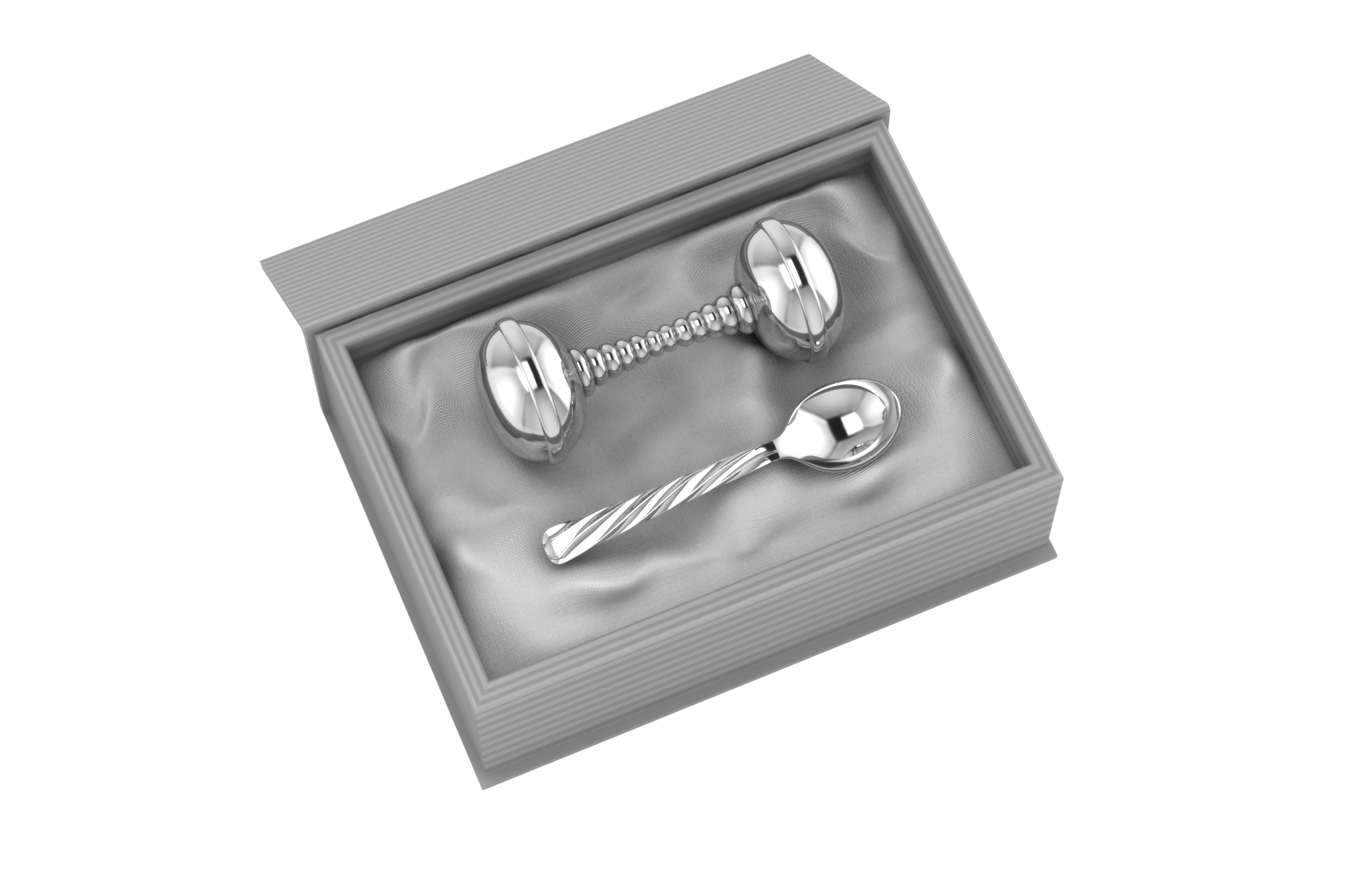 Silver Plated Gift Set For Baby - Hamper With Twisted Dumbbell Rattle And Spoon Grey Hampers