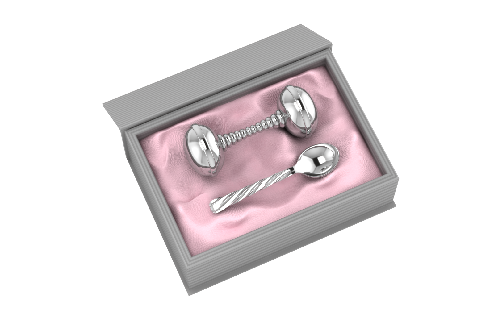 Silver Plated Gift Set For Baby - Hamper With Twisted Dumbbell Rattle And Spoon Pink Hampers