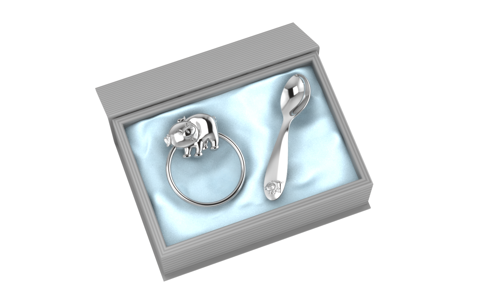 Silver Plated Gift Set For Baby - Hamper With Piggy Rattle And Spoon Blue Hampers