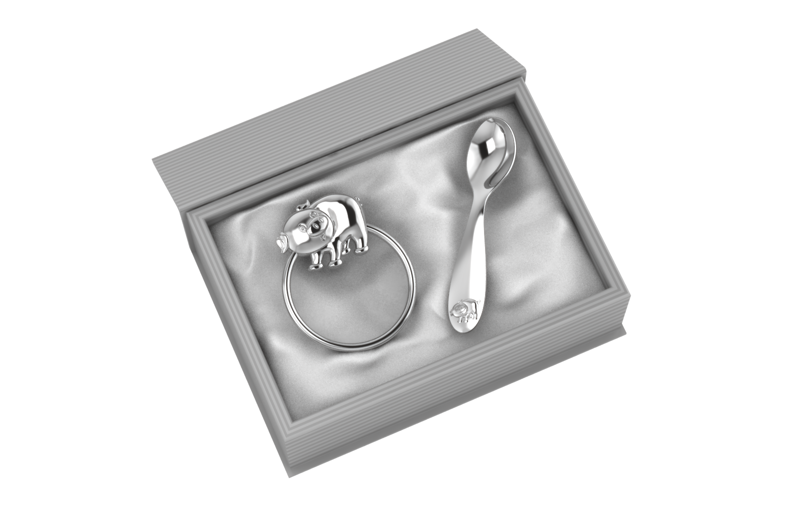Silver Plated Gift Set For Baby - Hamper With Piggy Rattle And Spoon Grey Hampers