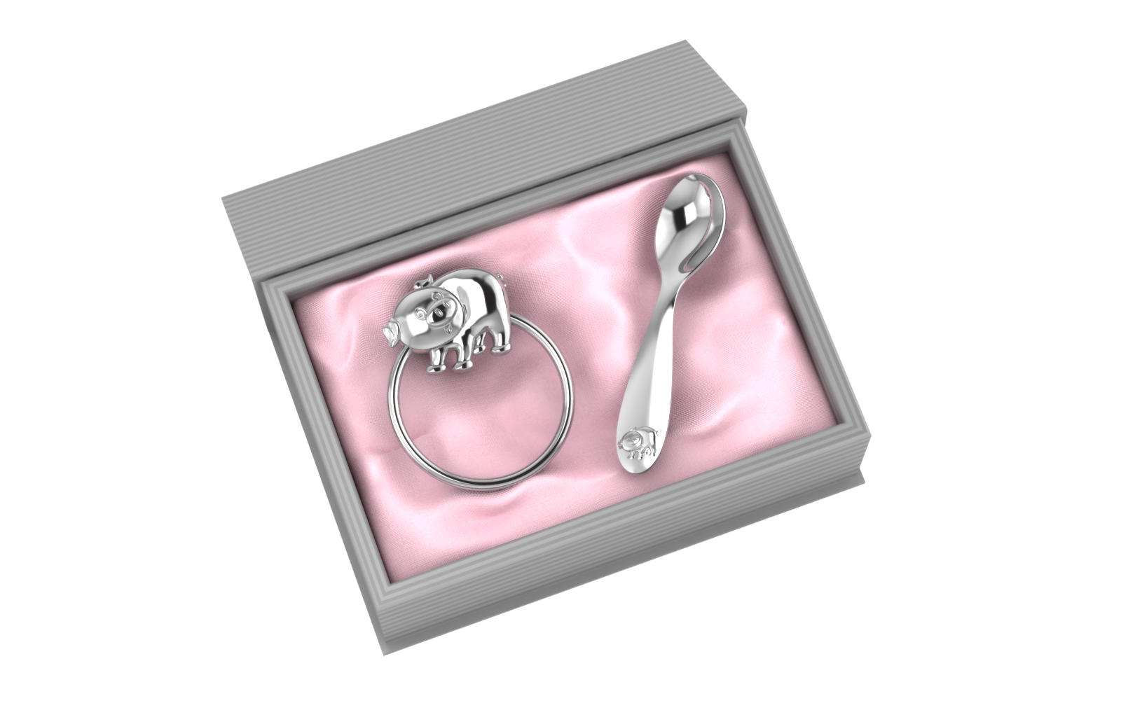 Silver Plated Gift Set For Baby - Hamper With Piggy Rattle And Spoon Pink Hampers