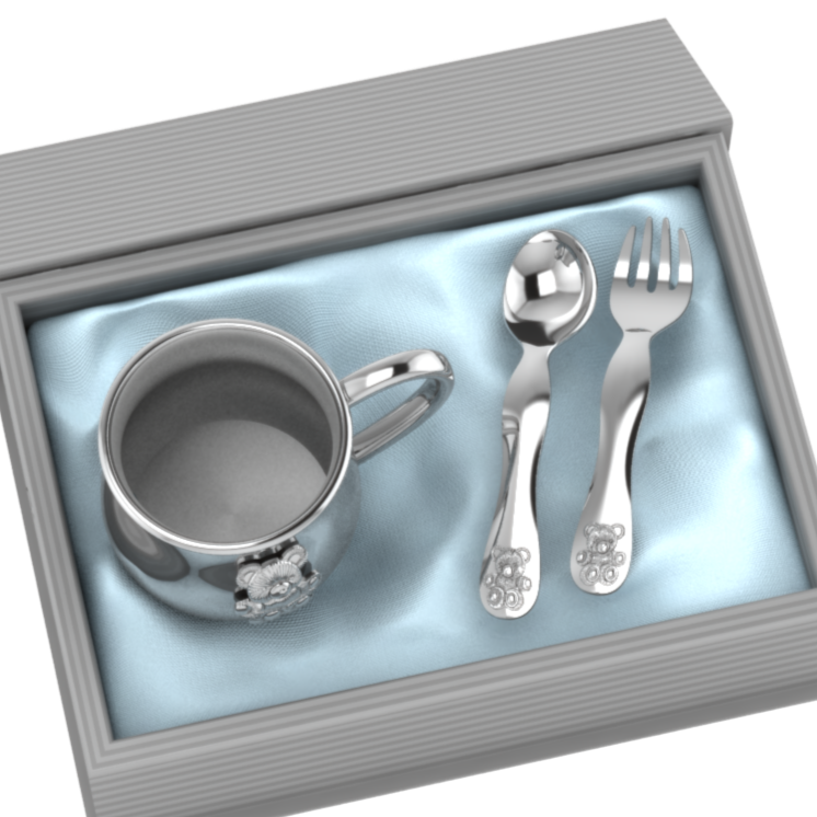 Silver Plated Gift Set For Baby - Hamper With Teddy Cup And Spoon Fork Set Blue Hampers