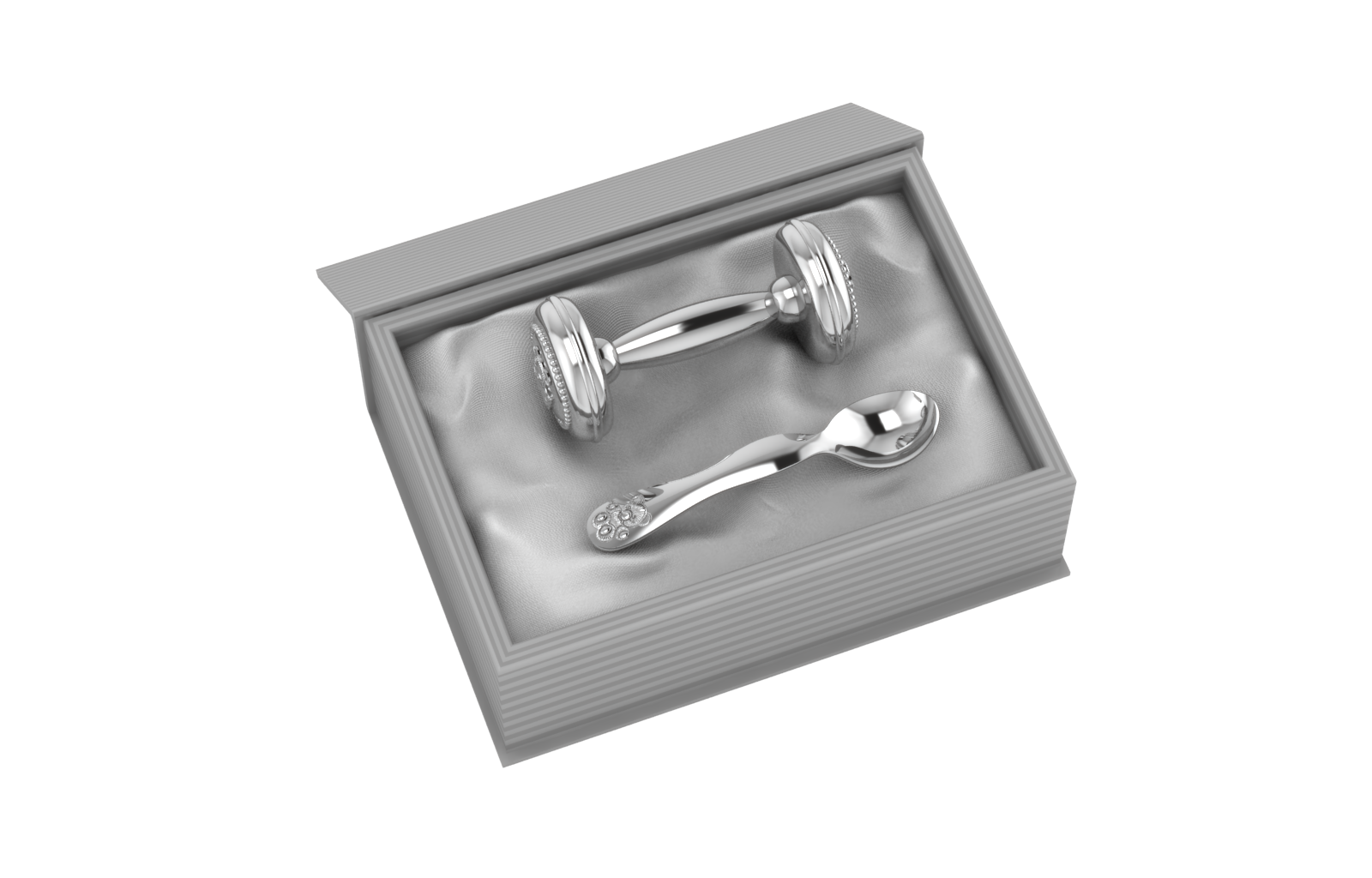 Silver Plated Gift Set For Baby - Hamper With Teddy Dumbbell Rattle And Teddy Spoon Grey Hampers