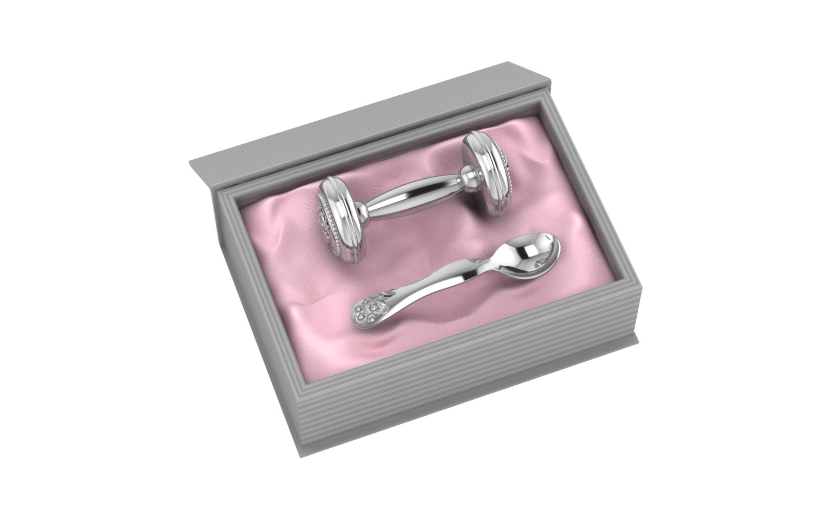 Silver Plated Gift Set For Baby - Hamper With Teddy Dumbbell Rattle And Teddy Spoon Pink Hampers