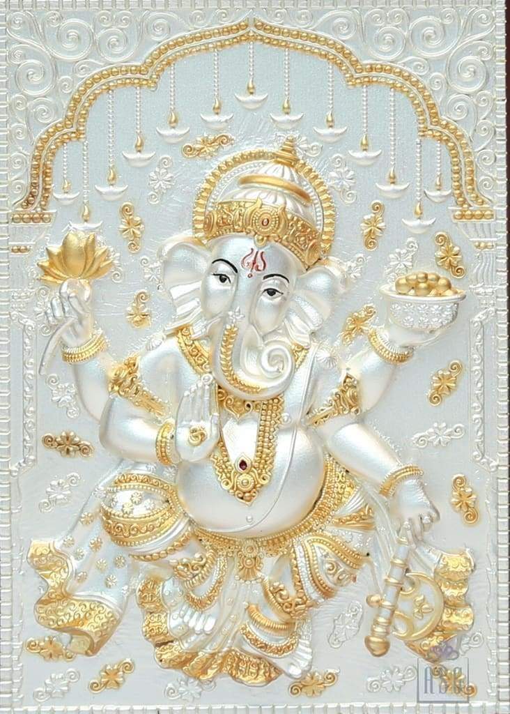 Pure Silver God Photo Frame of Dancing Ganesha by Isvara