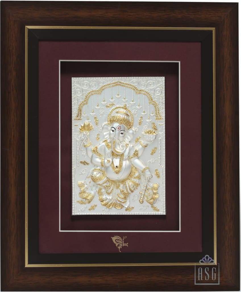 Pure Silver God Photo Frame of Dancing Ganesha by Isvara