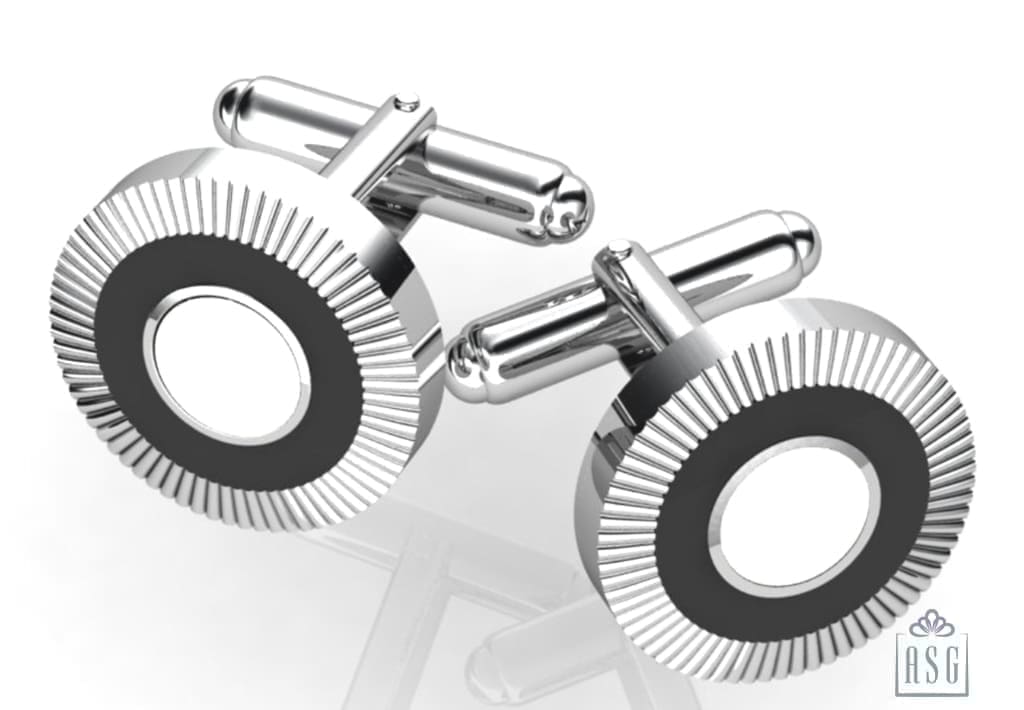 Sterling Silver Cufflinks - Round ribbed with black and white enamel