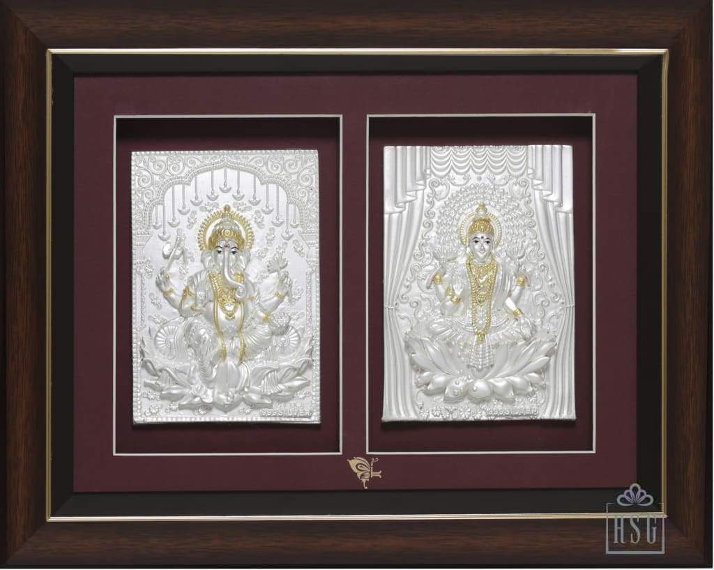 Pure Silver God Photo Frame of Ganesh Lakshmi by Isvara