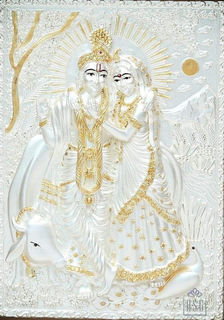 Pure Silver God Photo Frame of Radha Krishna by Isvara