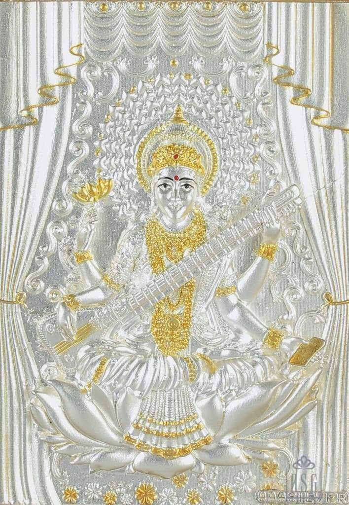 Pure Silver God Photo Frame of Goddess Saraswati by Isvara