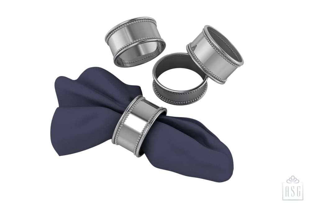 Silver Plated Napkin Ring Set of 2 - Beaded Oval