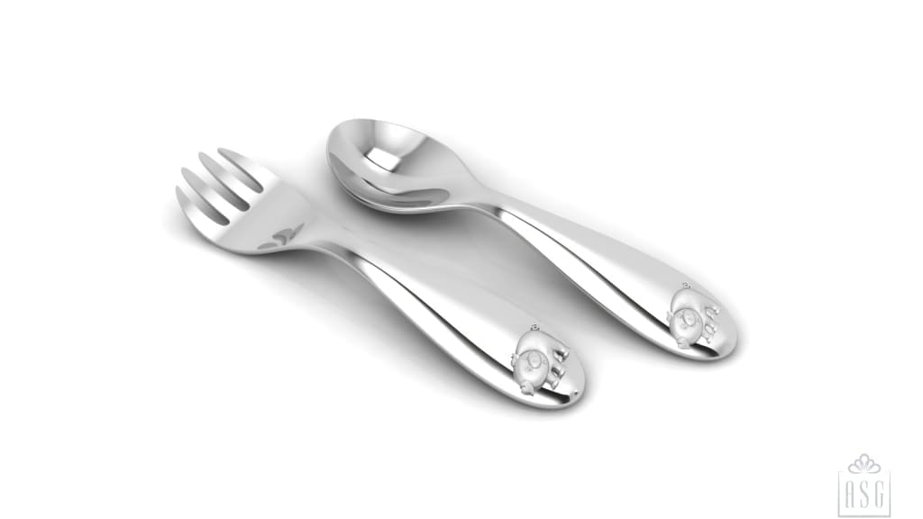 Silver Plated Baby Spoon & Fork Set - Cute Piggy