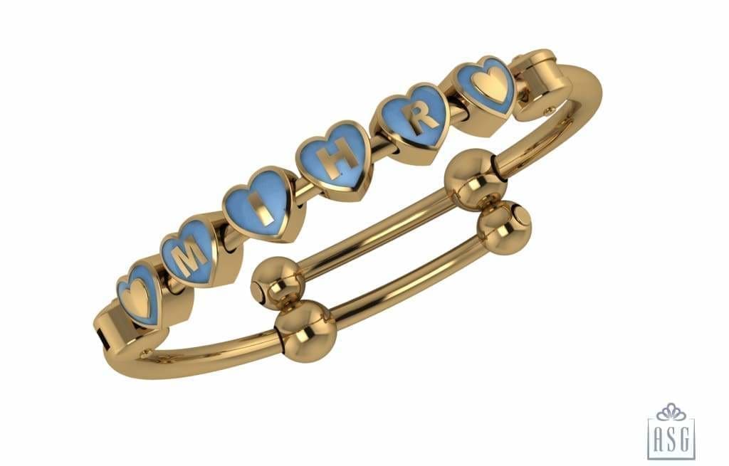 Sterling Silver 18 Kt Gold Plated Heart Babykubes On Plain Pipe Adjustable Bracelet Kada Blue