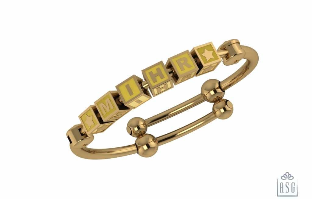 Sterling Silver 18 Kt Gold Plated Square Babykubes On Plain Pipe Adjustable Bracelet Kada Yellow