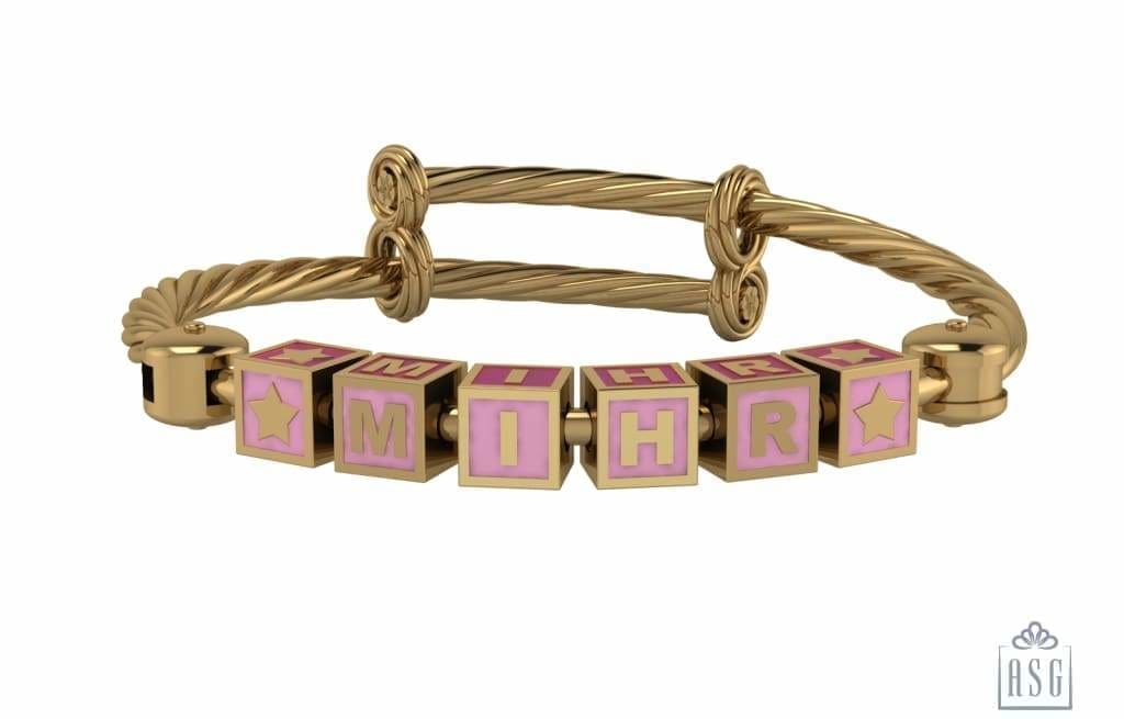 Sterling Silver 18 Kt Gold Plated Square Babykubes On Twisted Pipe Adjustable Bracelet Kada Pink