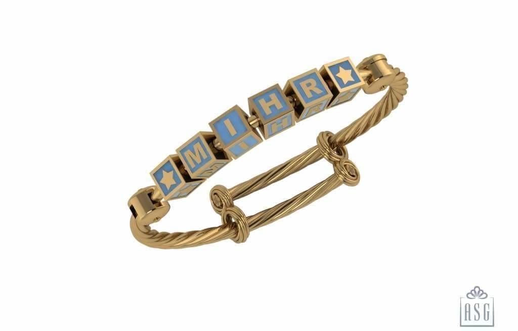 Sterling Silver 18 Kt Gold Plated Square Babykubes On Twisted Pipe Adjustable Bracelet Kada Blue