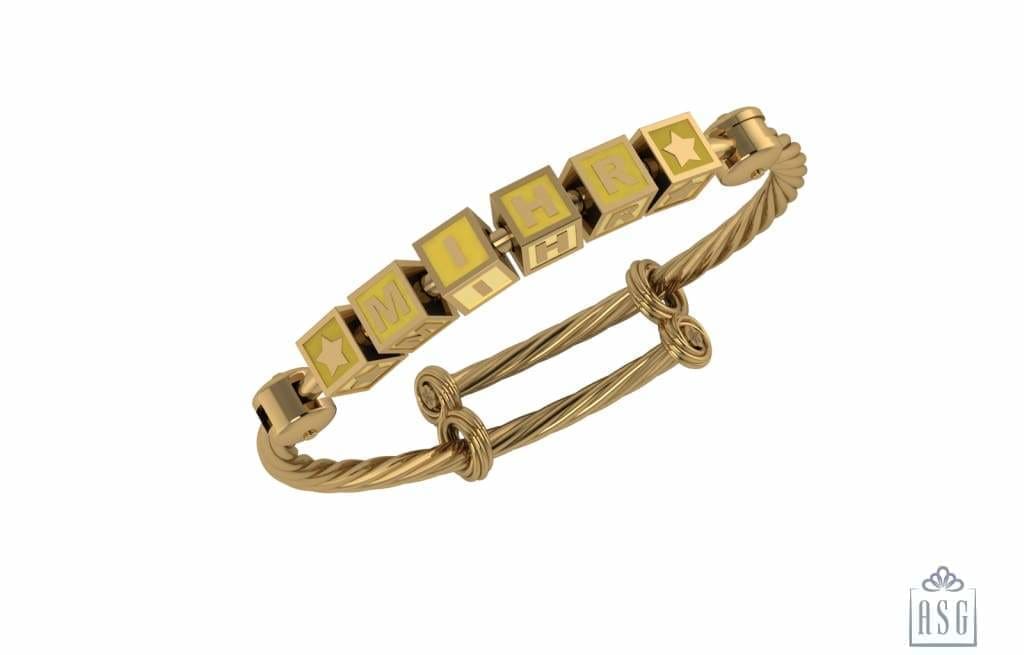Sterling Silver 18 Kt Gold Plated Square Babykubes On Twisted Pipe Adjustable Bracelet Kada Yellow