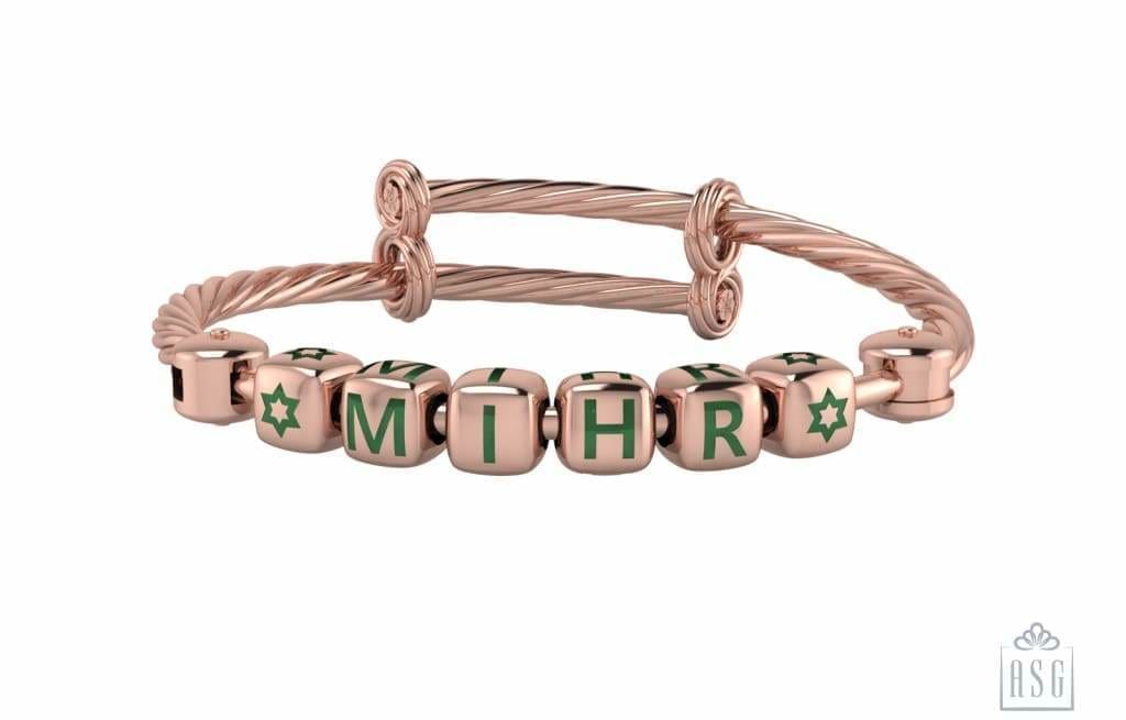 Sterling Silver 18 Kt Pink Gold Plated Dice Babykubes On Twisted Pipe Adjustable Bracelet Kada Green