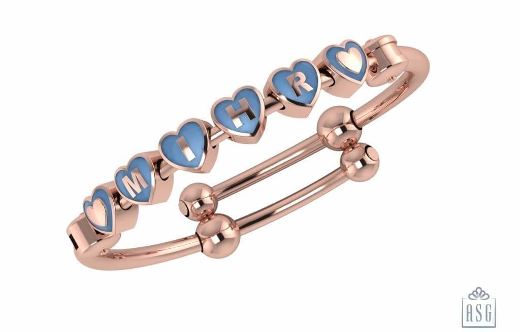 Sterling Silver 18 Kt Pink Gold Plated Heart Babykubes On Plain Pipe Adjustable Bracelet Kada Blue