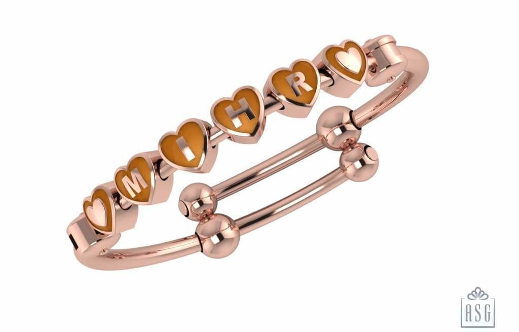 Sterling Silver 18 Kt Pink Gold Plated Heart Babykubes On Plain Pipe Adjustable Bracelet Kada Orange