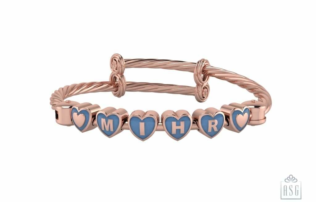Sterling Silver 18 Kt Pink Gold Plated Heart Babykubes On Twisted Pipe Adjustable Bracelet Kada Blue