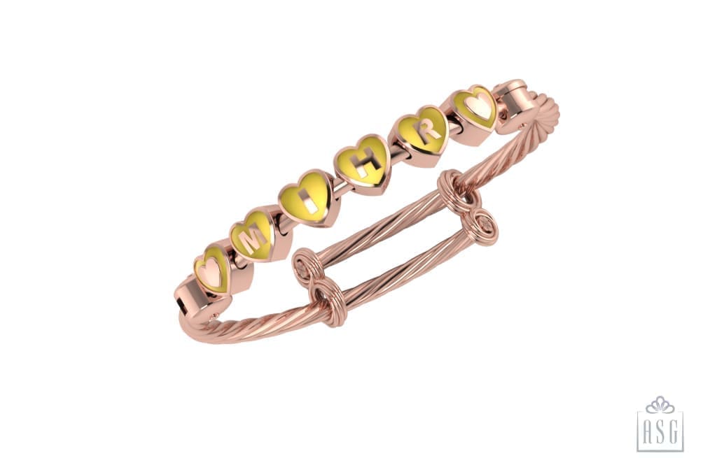 Sterling Silver 18 Kt Pink Gold Plated Heart Babykubes On Twisted Pipe Adjustable Bracelet Kada