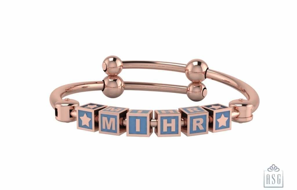 Sterling Silver 18 Kt Pink Gold Plated Square Babykubes On Plain Pipe Adjustable Bracelet Kada Blue