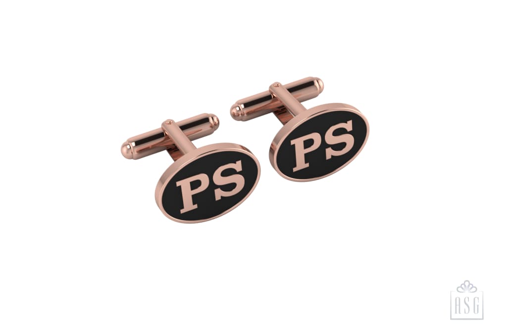 Personalised Sterling Silver Cufflinks Oval With 18 Kt Pink Gold Plating For Men Black