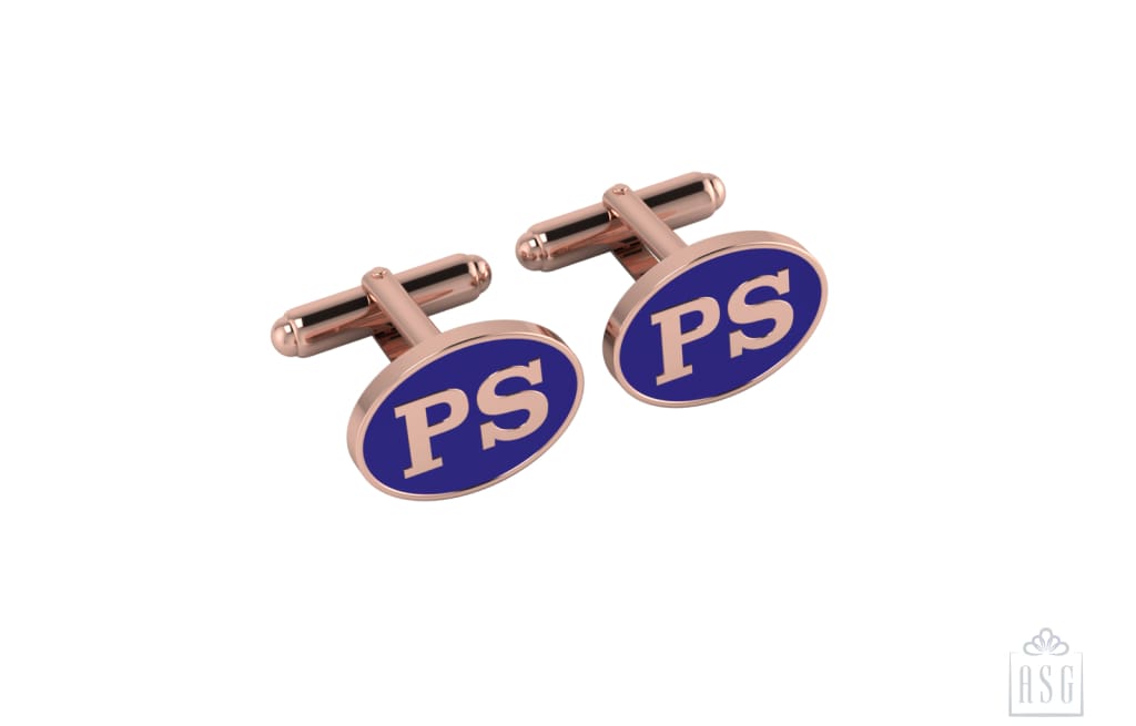 Personalised Sterling Silver Cufflinks Oval With 18 Kt Pink Gold Plating For Men Blue