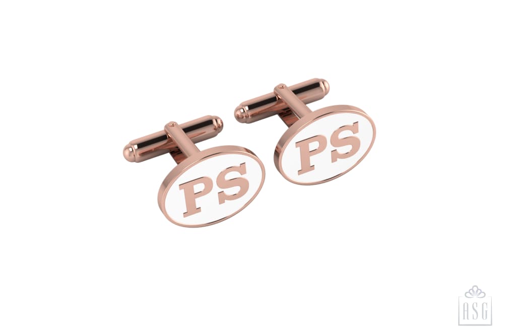 Personalised Sterling Silver Cufflinks Oval With 18 Kt Pink Gold Plating For Men White