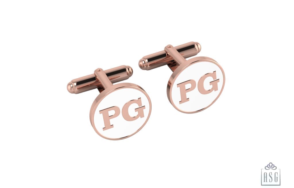 Personalised Sterling Silver Cufflinks Round With 18 Kt Pink Gold Plating For Men White