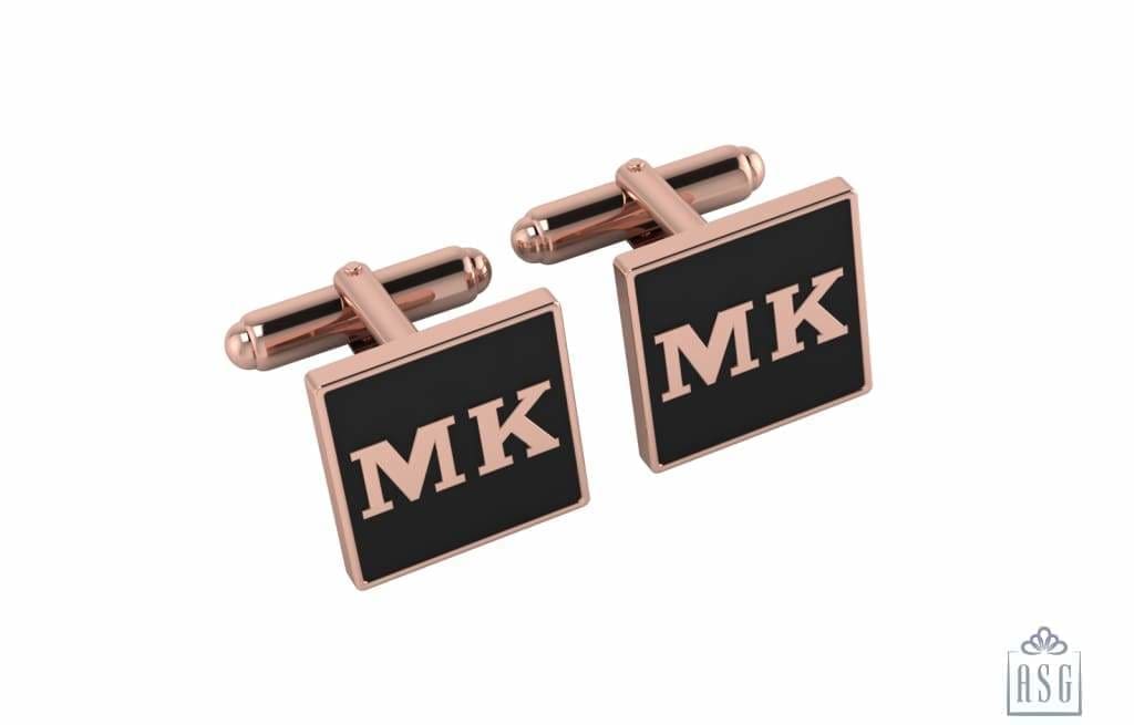 Personalised Sterling Silver Cufflinks Square With 18 Kt Pink Gold Plating For Men Black