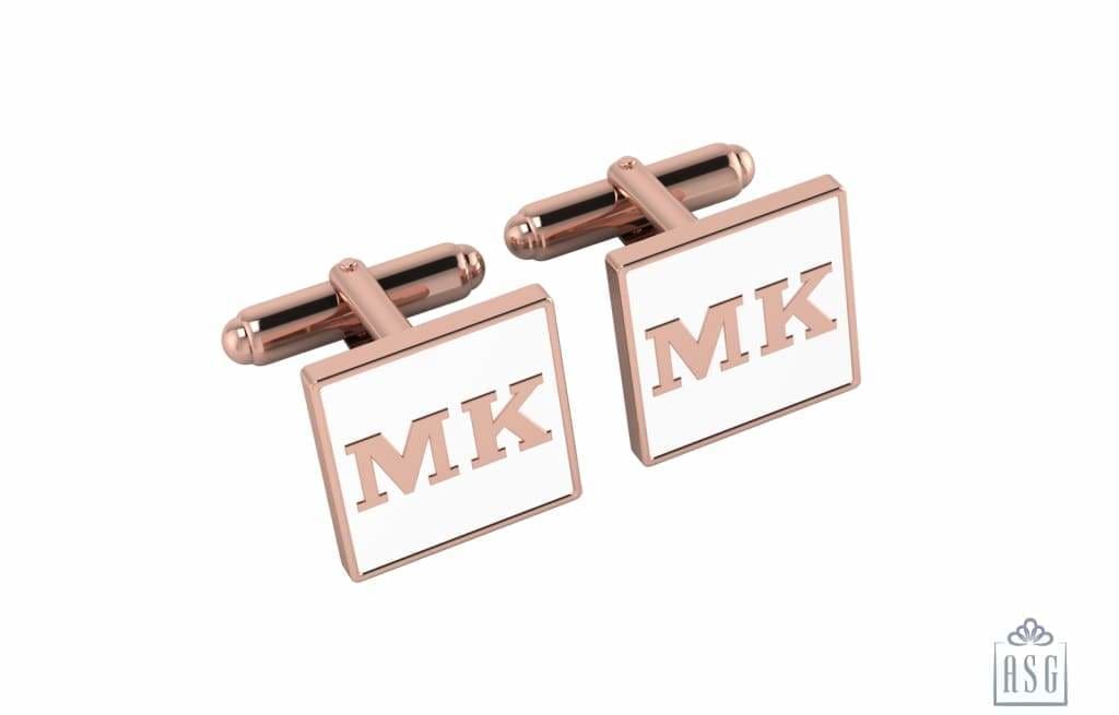 Personalised Sterling Silver Cufflinks Square With 18 Kt Pink Gold Plating For Men White