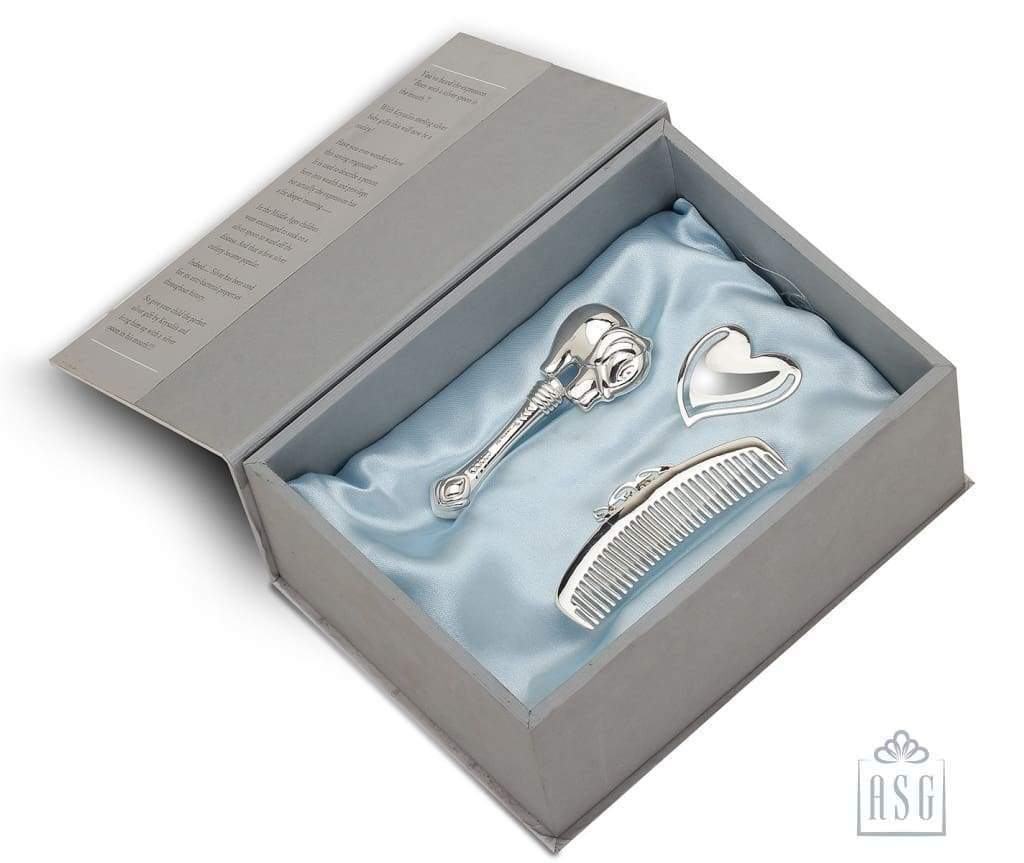 Sterling Silver Gift Set for Baby - Hamper with Rattle, comb & bookmark