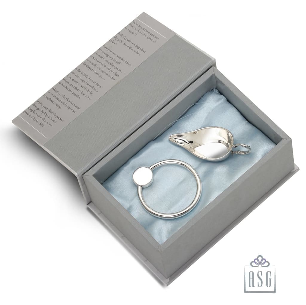 Sterling Silver Gift Set for Baby - Hamper with Feeder and Rattle