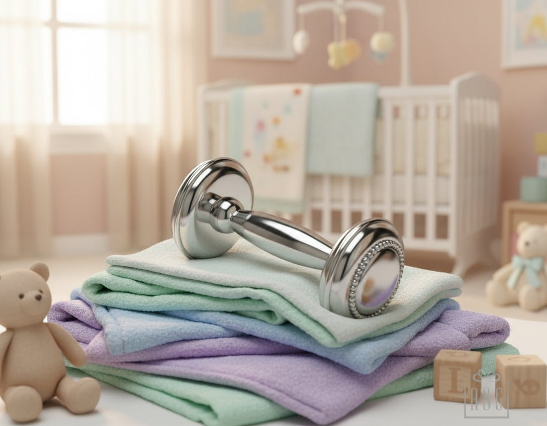 Sterling Silver Beaded Baby Dumbbell Rattle