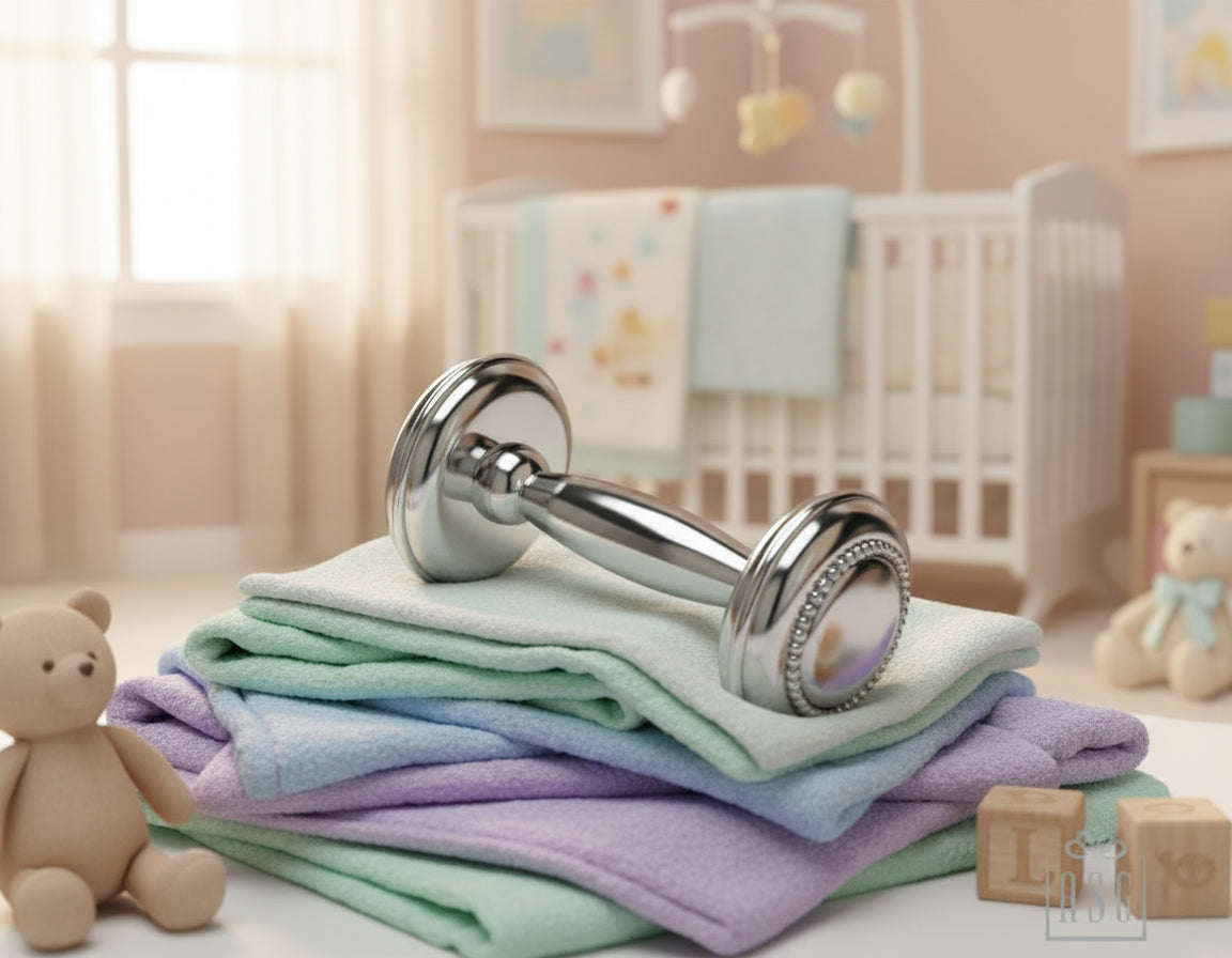 Sterling Silver Beaded Dumbbell Baby Rattle by Krysaliis