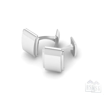Sterling Silver Cufflinks - Engravable Curved Rectangular Stepped