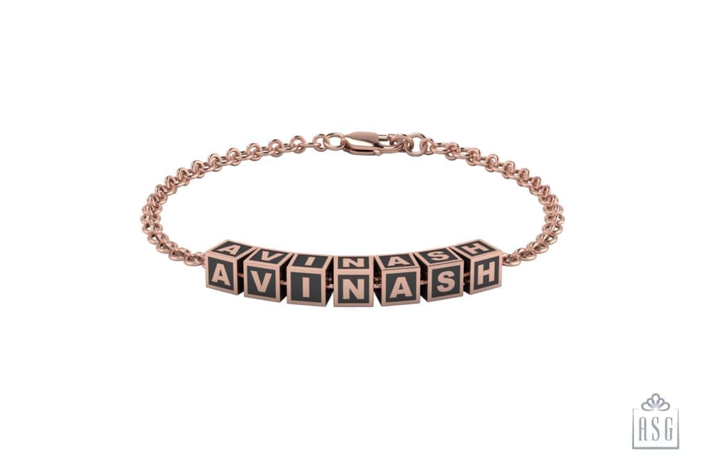 Sterling Silver Square Cubes Name Bracelet For Boys & Men Pink Gold / For 7 Bracelets And