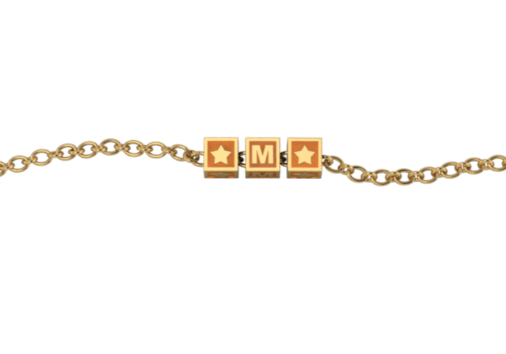 Sterling Silver 18 Kt Gold Plated Rakhi Personalised With Name - Orange Enamel Squares