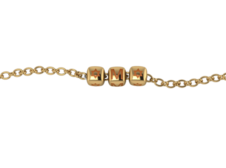 Sterling Silver Rakhi 18 Kt Gold Plated Personalised With Name - Orange Enamel Dice Cubes