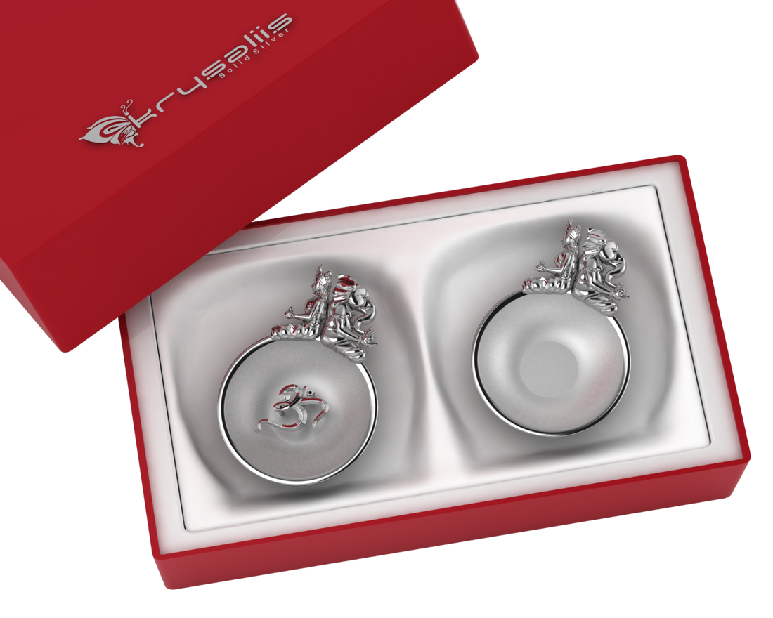 Sterling Silver Ganesh Laxmi Om Round Diya & Agarbatti Holder Set By Isvara