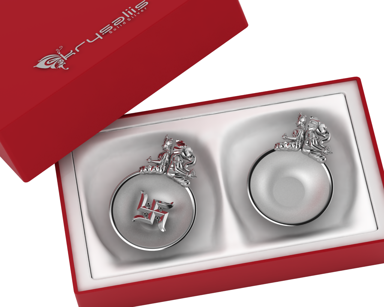 Sterling Silver Ganesh Laxmi Swastik Round Diya & Agarbatti Holder Set By Isvara