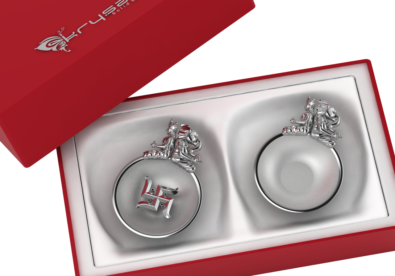 Sterling Silver Ganesh Laxmi Swastik Round Diya & Agarbatti Holder Set By Isvara