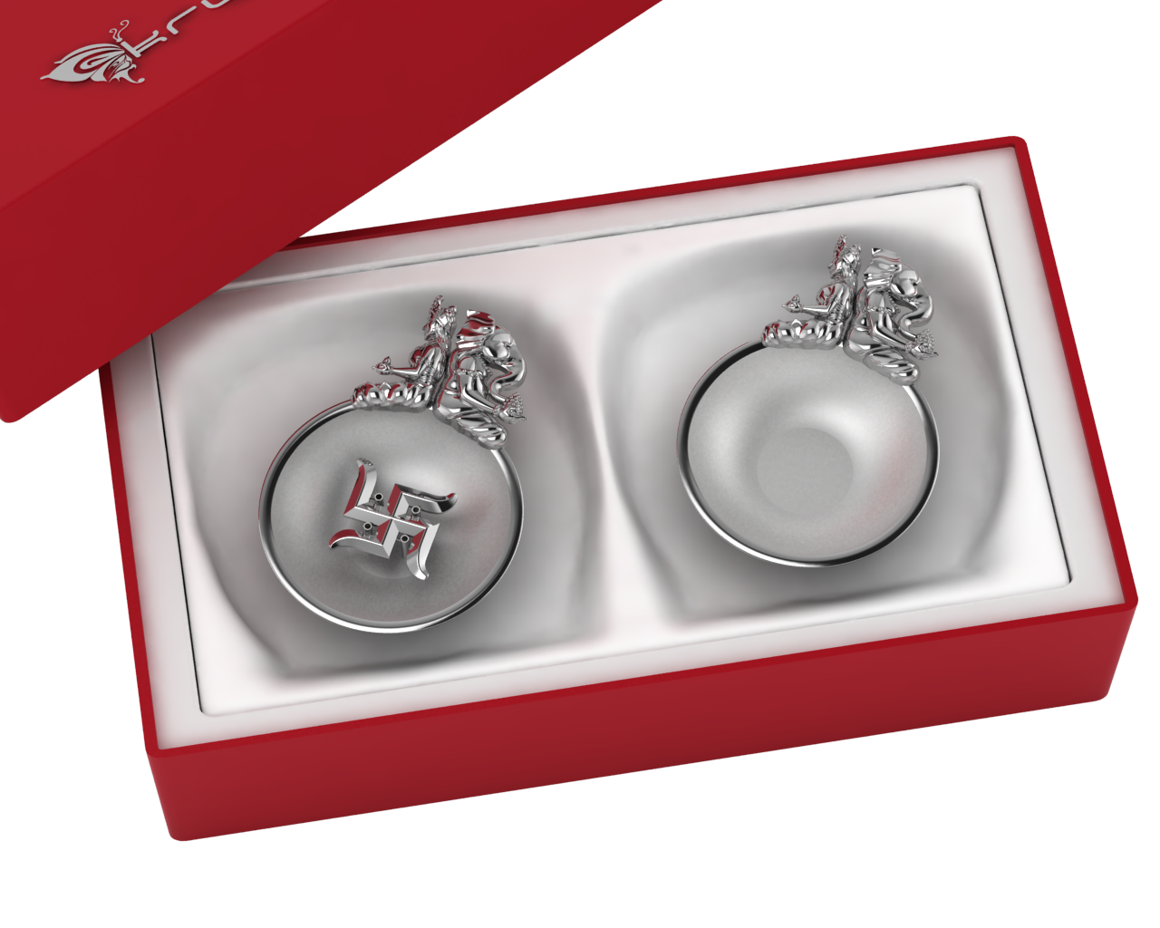 Sterling Silver Ganesh Laxmi Swastik Round Diya & Agarbatti Holder Set By Isvara