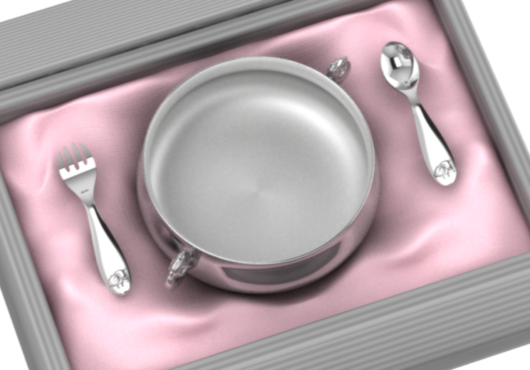 Silver Plated Gift Set For Baby - Hamper With Piggy Bowl And Spoon Fork Set Pink Hampers