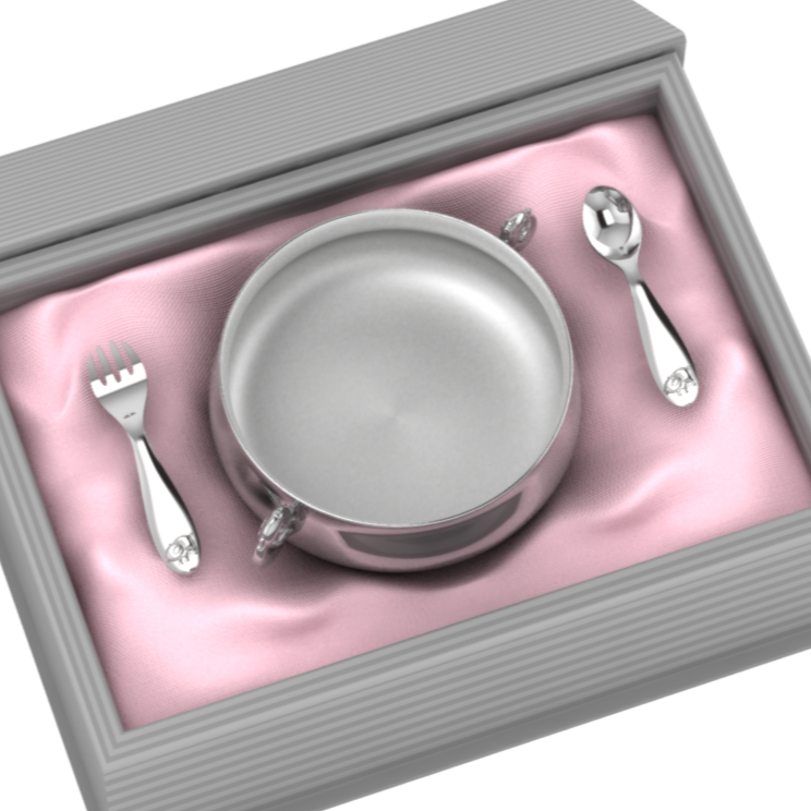 Silver Plated Gift Set For Baby - Hamper With Piggy Bowl And Spoon Fork Set Pink Hampers