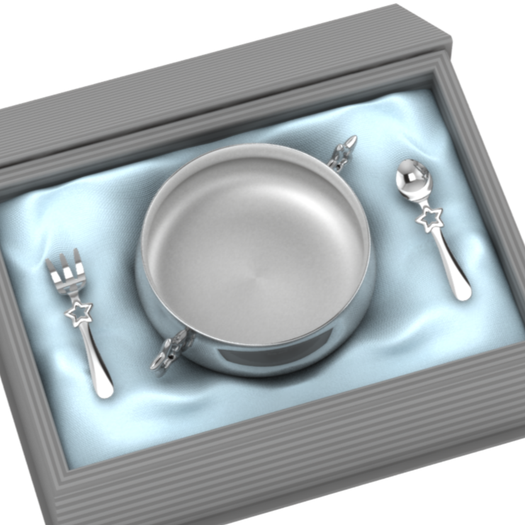 Silver Plated Gift Set For Baby - Hamper With Star Bowl And Spoon Fork Set Blue Hampers